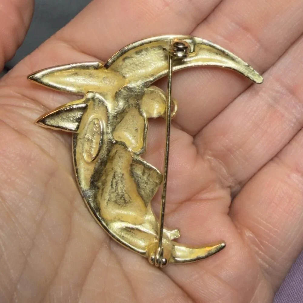 Danecraft Angel Moon Brooch Madonna Child Crescent Vintage Gold Tone 2”